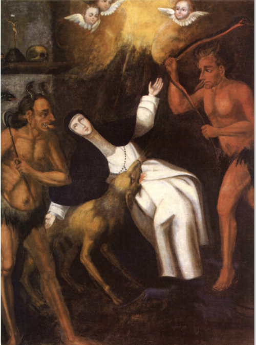 Santa Rosa atacada por el demonio en forma de perro.Anónimo, escuela cusqueña.Siglo XVIII. Monasterio de Santa Rosa de Santa María, Lima.